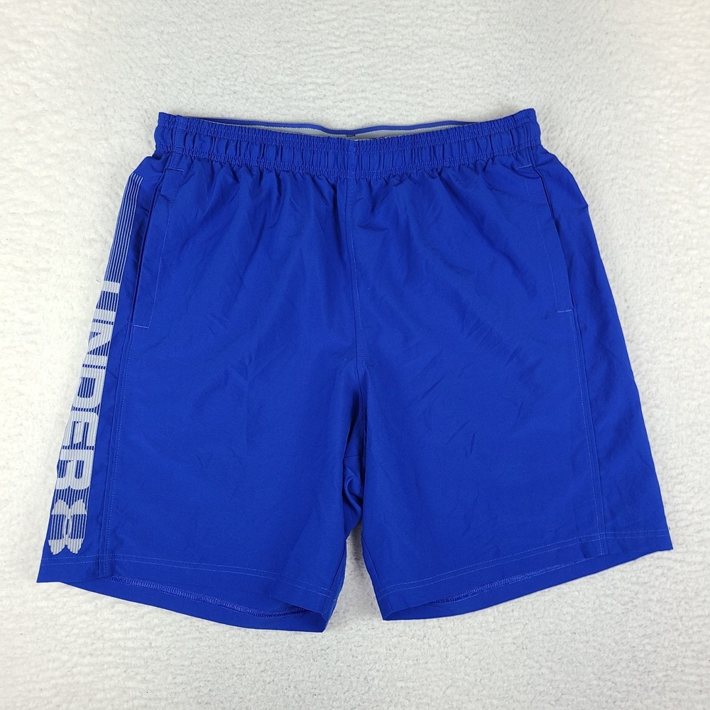 Under Armour Shorts Men Large Blue Loose Heatgear Woven Graphic Wordmark 1320203